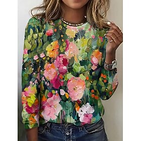 Women's T shirt Long Sleeve Crew Neck Long Sleeve Tunic Floral Elegant Vintage Regular Tops Daily Going out Weekend Print Army Green Prefall