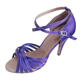 Women's Purple Satin Latin Dance Shoes  Strappy Open-Toe Ballroom Heels with Ankle Strap for Salsa, Tango, and Performance