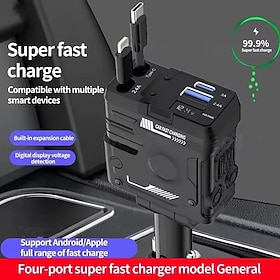 120W 4 in 1 Retractable Car USB Charger Quick Charge Car Cigar Lighter Plug for iPhone Type-C Port for iPhone Samsung Huawei