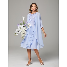 Two Piece A-Line Knee Length Wedding Guest Dress Mother of the Bride Dress Sleeveless Scoop Neck Elegant Wedding Guest Wedding Party Chiffon Lace Jacket Dresse