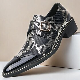 Men's Black and White Snake Print Loafers with Patent Leather and Buckle Detail  Stylish Slip-On Shoes for Formal and Casual Occasions