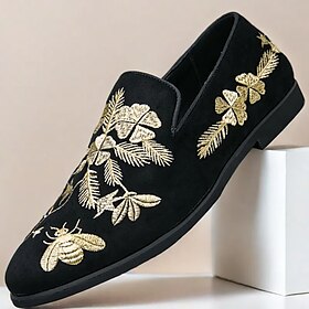 Men's Black Suede Slip-On Loafers with Gold Floral and Bee Embroidery  Elegant Casual Shoes for Weddings, Parties and Formal Events