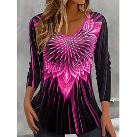 Women's T Shirt V Neck Long Sleeve Tunic Ombre Floral Geometric Elegant Vintage Regular Tops Daily Print Pink Orange Light Grey Summer Spring