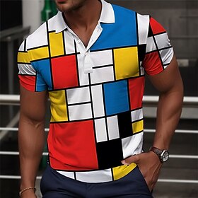 Men's Plaid Golf Shirt Short Sleeve Polo Shirts Collared Shirts Vintage Casual Vacation Wear Formal Wear Festival Wear Buttons 3D Print Summer Pink Red Blue