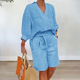 Women's Fashion Streetwear Shirt Cotton Linen Sets Two Piece Sets Beach Shorts Half Sleeve V Neck Solid Color Drawstring Daily Wear Date Dark Pink Blue Khaki S