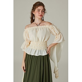 Retro Vintage Medieval Renaissance Blouse / Shirt Ruffle Sleeve Viking Elven Off Shoulder Solid Color Fancy Dress Women's Celtic Pirate Fantasy Halloween Carni