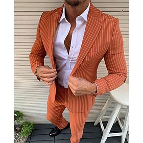 Men's Graduation Blazer Set Business Cocktail Party Wedding Party Fashion Casual Spring Fall Polyester Stripes Pocket 2 Piece Comfortable Single Breasted Blaze