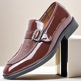 Men's Patent Leather Burgundy Loafers with Crocodile Texture and Buckle Detail  Elegant Slip-On Shoes for Formal Occasions and Business Wear