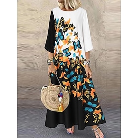 Women's Maxi Dress Casual Dress Stylish Casual Vacation Daily Regular Fit Floral 3/4 Length Sleeve Crew Neck White Yellow Red Summer Spring