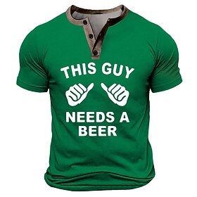 Men's St. Patrick Text Funny Beer This Guy Needs A Beer T Shirt Henley Shirt Short Sleeve Designer Retro Vintage Street Casual Daily Summer Spring Army Green B