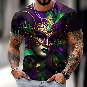 Mardi Gras Men's Mask T Shirt Short Sleeve T shirt 3D Print Crew Neck Shirt Designer Casual Party Holiday Club Black Summer Spring Clothing Apparel S M L XL XX