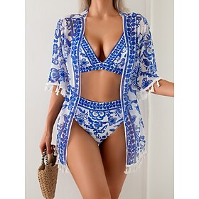 Women's Swimwear Bikini Three Piece Cheeky Swimsuit Backless Slim Vacation Beach Wear Floral V Neck Long Sleeve Bathing Suits