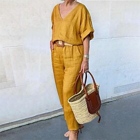 Women's Fashion Streetwear Shirt Cotton Linen Sets Two Piece Sets Linen Pants Pants Trousers Long Sleeve V Neck Solid Color Drawstring Daily Wear Date Yellow B