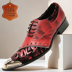 Men's Premium Red Leather Dress Shoes with Artistic Print and Studded Detail - Stylish Formal Footwear for Special Occasions