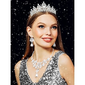 Women's Silver Rhinestone Tiara and Jewelry Set  Elegant Necklace, Earrings, and Crown for Weddings, Pageants and Special Occasions
