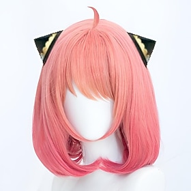 Chica de Academia Telepática Peluca Corta Rosa Bob con Clips de Cuernos Negros Cosplay Halloween
