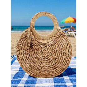 Women's Large Capacity Handmade Woven Straw Round Tote Bag - Bohemian Beach Tote with Tassels, Summer Vacation Rattan Wallet for Travel, Shopping and Vacation