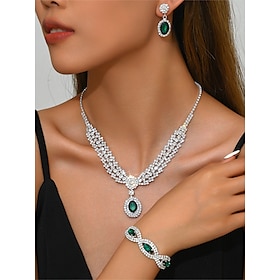 Luxury Green Crystal Jewelry Set for Women  Elegant Necklace, Bracelet  Earrings, Rhinestone Bridal Wedding Accessories for Parties  Formal Events