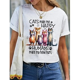 Women's T Shirt Print Graphic Letter Stylish Casual Short Sleeve Round Neck Regular Tops Daily Weekend Blue Black White Purple Summer Spring Cat Funny Slang