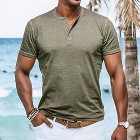 Men's T Shirt Henley Shirt Tee Top Short Sleeves Plain Designer Basic Modern Contemporary Buttons Henley Vacation Street Going out Summer White Henley T-Shirt