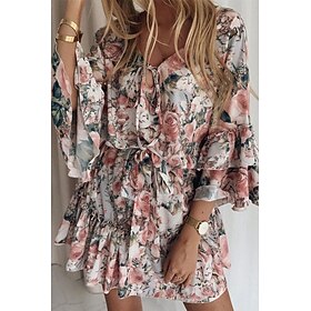 Women's Mini Dress Print Dress Peplum Dresses Fashion Daily Outdoor Holiday Regular Fit Flower 3/4 Length Sleeve V Neck Blue Pink Dusty Rose Summer