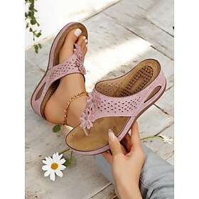 Women's Pink Floral Cutout Wedge Sandals with Massage Footbed - Comfortable Slip-On Summer Shoes for Casual Wear  Travel
