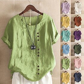 Women's Linen-feel Shirts Blouse Buttons Plain Modern Casual Short Sleeve Crew Neck Regular Tops Holiday Going out White Yellow Army Green Green Summer