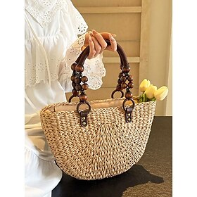 Women's Handmade Woven Straw Tote Bag  Boho Summer Beach Handbag with Wooden Bead Handles, Casual Large Capacity Shoulder Bag for Vacation, Shopping, and Trav