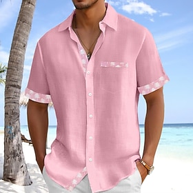 Herren Hemd leinenhemd Sommerhemd Strandhemd Karomuster Urlaub Ferien Rosa Grün Leicht Blau Kurzarm Kragen Sommer Bekleidung