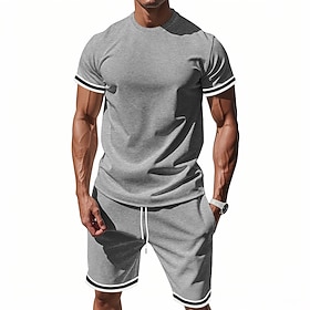 Men's T-shirt Suits 2 Pieces Outfits Tee Shorts Short Sleeve Standing Collar 2 Piece Summer Striped Fashion Casual Vacation Daily Wear Going out Black Red Dar