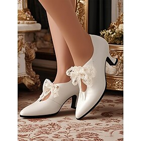 Women's Vintage White Lace-Up Heels  1920s Victorian-Inspired Wedding Shoes with Elegant Lace Bow for Brides and Formal Events