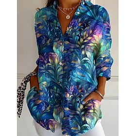 Women's Shirt Linen Like Breathable Lightweight Button Down Tunic Shirt Collar Long Sleeve Floral Graphic Casual Regular Tops Work Daily s Print Blue Beige Spr