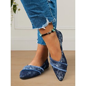 Women's Denim Pointed-Toe Flats - Frayed Fringe Slip-On Shoes for Casual Wear