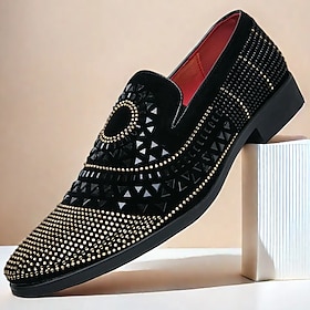 Men's Prom Shoes - Black Studded Velvet Loafers with Spiral Design for Luxurious Occasions