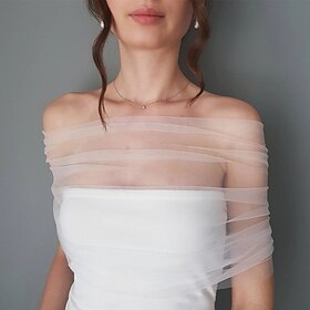 Detachable Tulle Shawl, 130cm/51 White Bridal Tulle Sleeves Lace Sheer Puffy Sleeves Dress Sheer Capes Cover Up Accessory for Wedding, Costume, Formal Party Pr