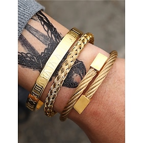 Men's Gold Stainless Steel Bracelet Set  Roman Numeral, Braided, and Cable Wire Cuff Bangles, Stylish Stackable Jewelry for Business, Casual, and Party Wear
