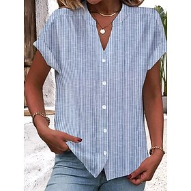 Women's Blouse V Neck Button Down Blouse Graphic Striped Vintage Stylish Ethnic Short Sleeve Notched Neck Regular Tops Daily Buttons Print Light Blue Summer Sp