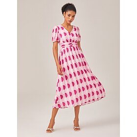 Pink Polka Dot Geometric Print Cinched Waist Dress: retailer-supplied image