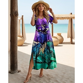 Women's Midi Dress Sundress A Line Dress Vacation Casual Boho Butterfly Sleeve Vacation Going out Regular Fit Floral Graphic Rainbow Short Sleeve Crewneck Blue