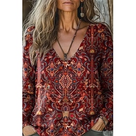 Mujer Algodón Compuesto Camiseta Estampado Floral Moda Casual Manga Larga Escote en Pico Tops regulares Diario Noche Rojo Naranja Marrón Verde Trébol Verano