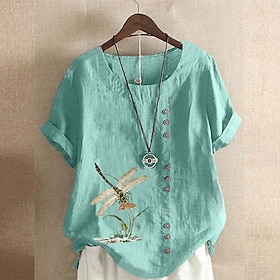 Women's Linen-feel Shirts Blouse Buttons Print Flower Modern Casual Short Sleeve Crew Neck Regular Tops Holiday Going out White Yellow Army Green Green Summer