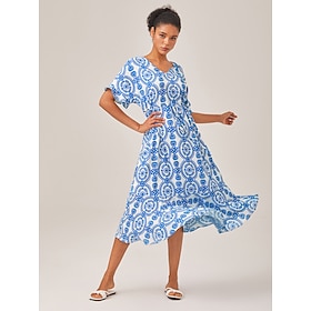 Resort-Style Blue Print Dress With a Fitted Waist: retailer-supplied image