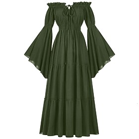 Retro Vintage Medieval Renaissance Midi Dress Bell Sleeve Viking Celtic Knight Elven Off Shoulder Regency Inspired Fancy Dress Women's Celtic Fantasy Halloween