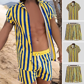 Men's T-shirt Suits 2 Pieces Outfits Tee Shorts Short Sleeve Shirt Collar 2 Piece Summer Stripes Fashion Casual Vacation Daily Wear Going out Yellow Top Tee f