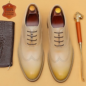 Men's Beige Premium Cowhide Lace-Up Brogue Shoes with Perforated Detailing, Formal Style for Weddings and Business Events