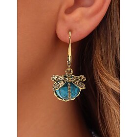 Intage Dragonfly Dangle Earrings for Women  Gold Plated Boho Drop Earrings with Blue Glass Beads, Nature-Inspired Jewelry for Casual, Party and Gift Occasions