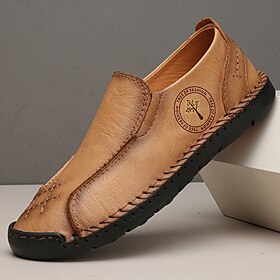 Men's Beige Genuine Faux Leather Moccasins  Handmade Stitching Casual Slip-On Driving Shoes for Outdoor  Trave