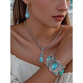 Vintage Turquoise Jewelry Set for Women  Bohemian Silver Necklace, Earrings  Bracelet, Western Cowgirl Statement Accessories for Parties  Festivals