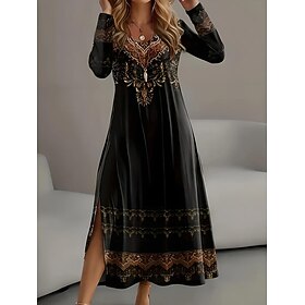 Women's Midi Dress Boho Dress Vintage Dress T Shirt Dress Tee Dress Elegant Retro Casual Daily Vacation Slim Plain Long Sleeve Crew Neck Black Winter Autumn