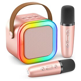 Mini Karaoke Machine Portable Bluetooth Mini Karaoke Microphone Singing Speaker with 2 Wireless Mic and Light for All Smartphones